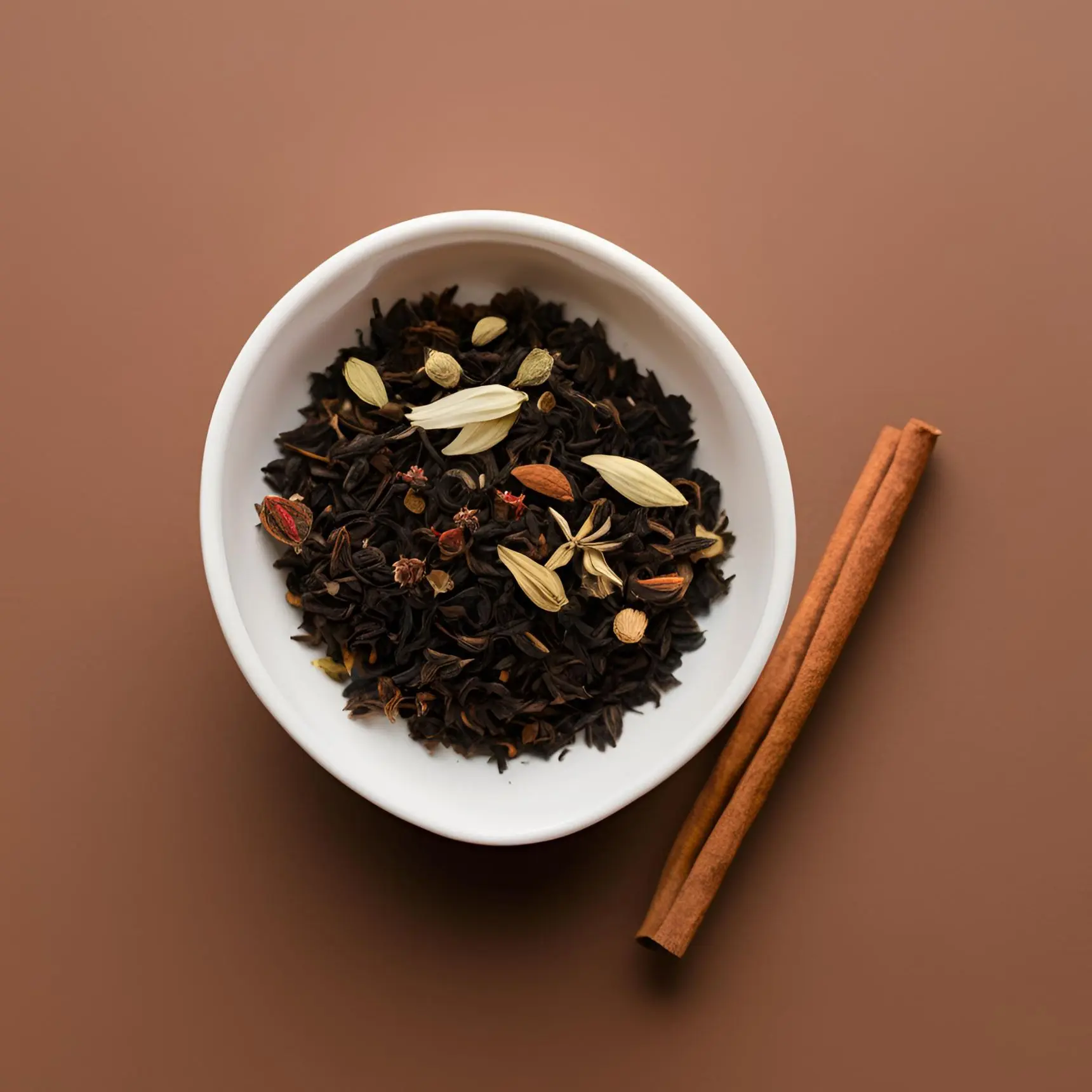 A bowl of Moody Teas chai, loose black tea with cardamom pods, dried flowers, and a cinnamon stick
