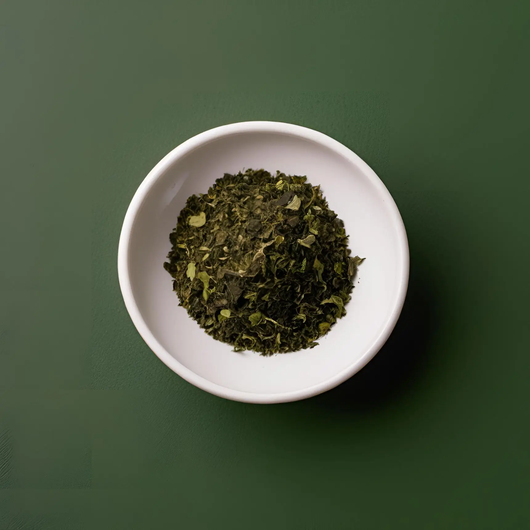 A bowl of loose Moody Teas Alternatives blend, dried guayusa and herbal pieces on a green background