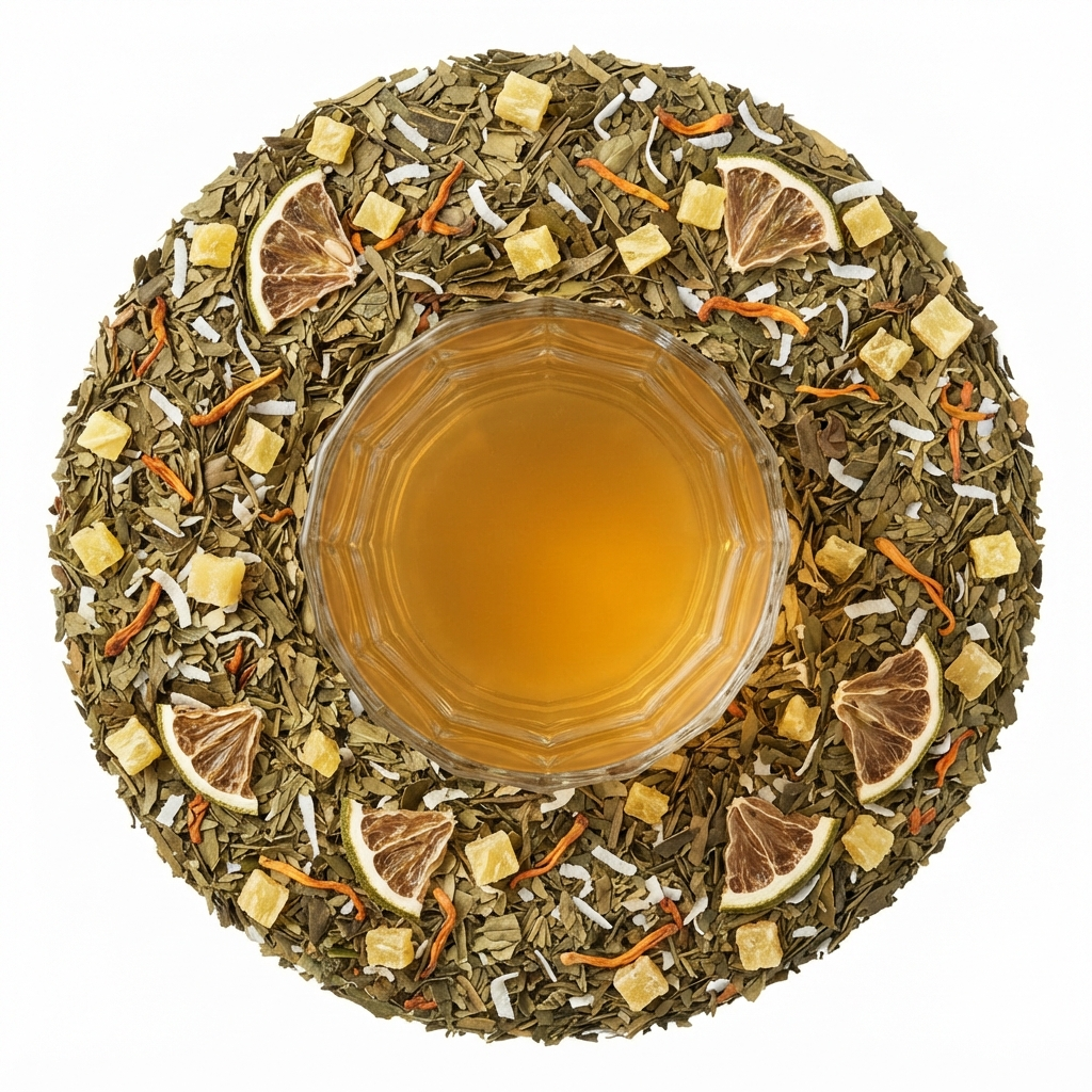 Piña Guayusa, a Moody Teas guayusa blend with pineapple, coconut, and cordyceps